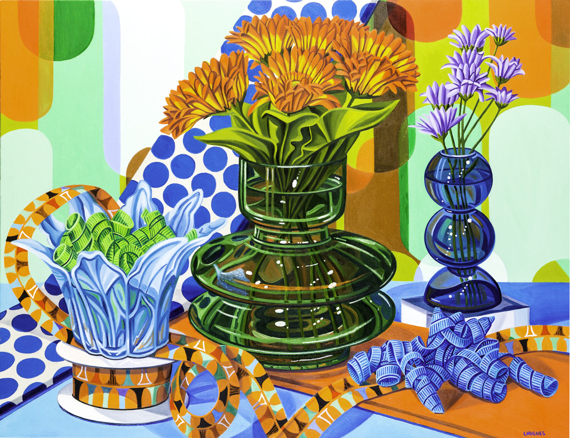A Ribbon Runs Through It is a vibrant original large scale still life oil painting from Boston Artist, Contemporary Realist Painter, Laura Hughes, featuring a coordinated palette of blue, orange and green, glass modern objects and patterns, colorful ribbons and floral arrangements
