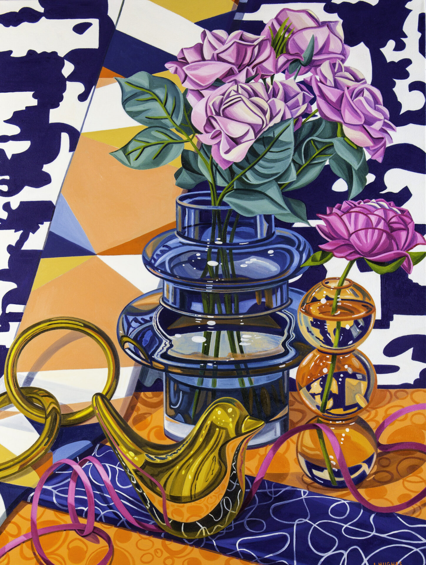 Bold Contrast, is an original vibrant large scale still life oil painting from Boston Artist, Contemporary Realist Painter, Laura Hughes, featuring a palette of complimentary contrasts of blue and orange, and splash of pink, modern patterns, vases and reflective objects