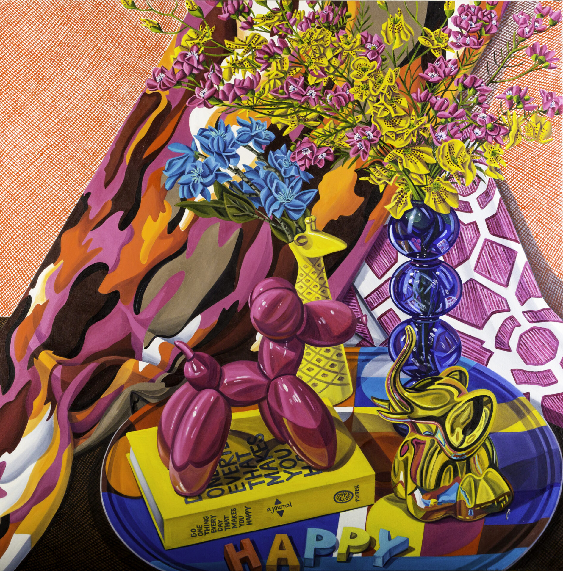 Large scale still life oil painting from Boston based artist Laura Hughes, Contemporary Realist Painter, featuring a bright, colorful and fun composition which includes modern decorative objects, balloon dog, reflective elephant, giraffe vase and blue bubble vase