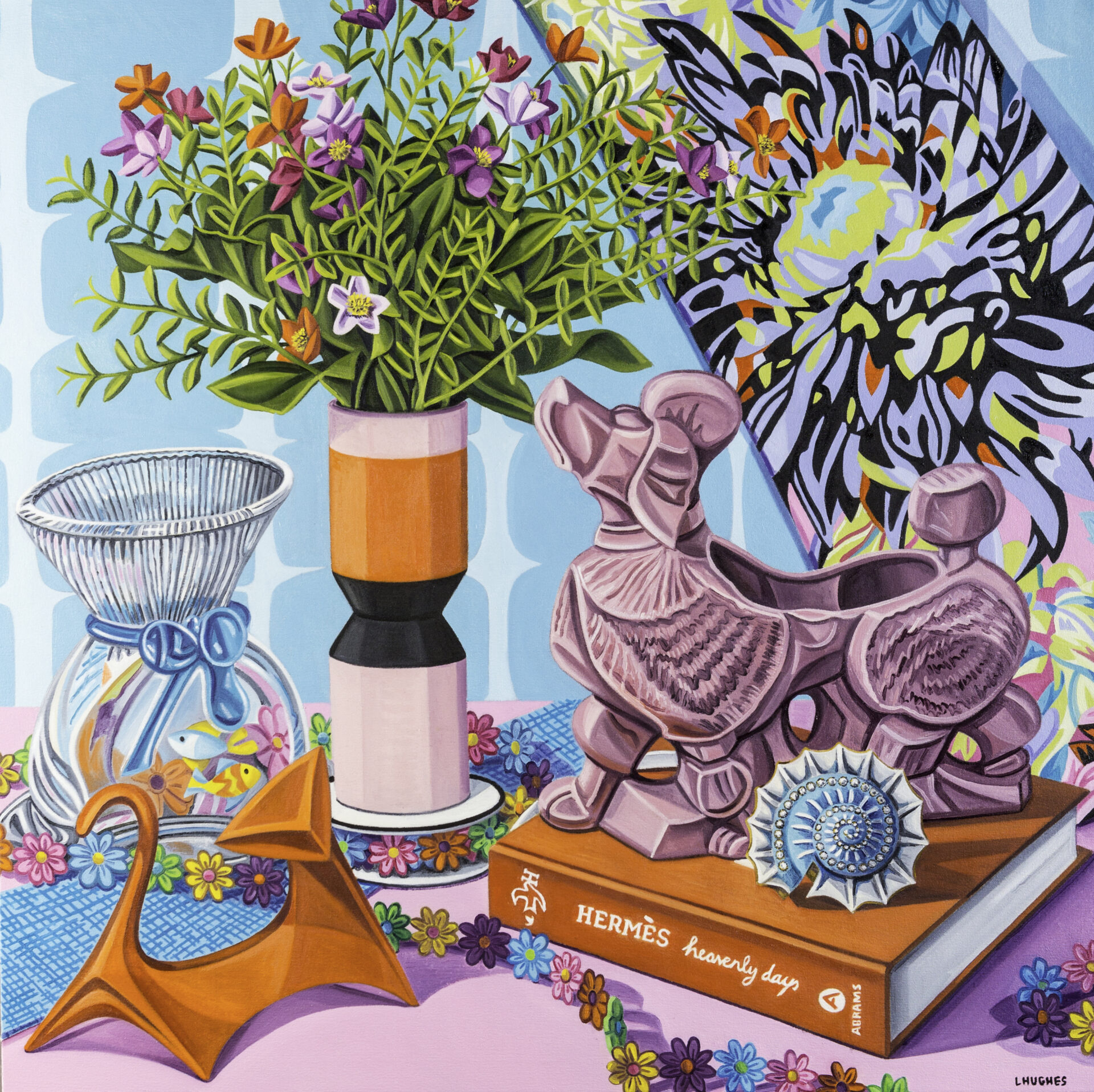 Heavenly Days is a whimsical and joyful, original large scale still life oil painting from Boston Artist, Contemporary Realist Painter, Laura Hughes, featuring a coordinated palette of turquoise, pink and orange and mix of midcentury modern objects and floral design
