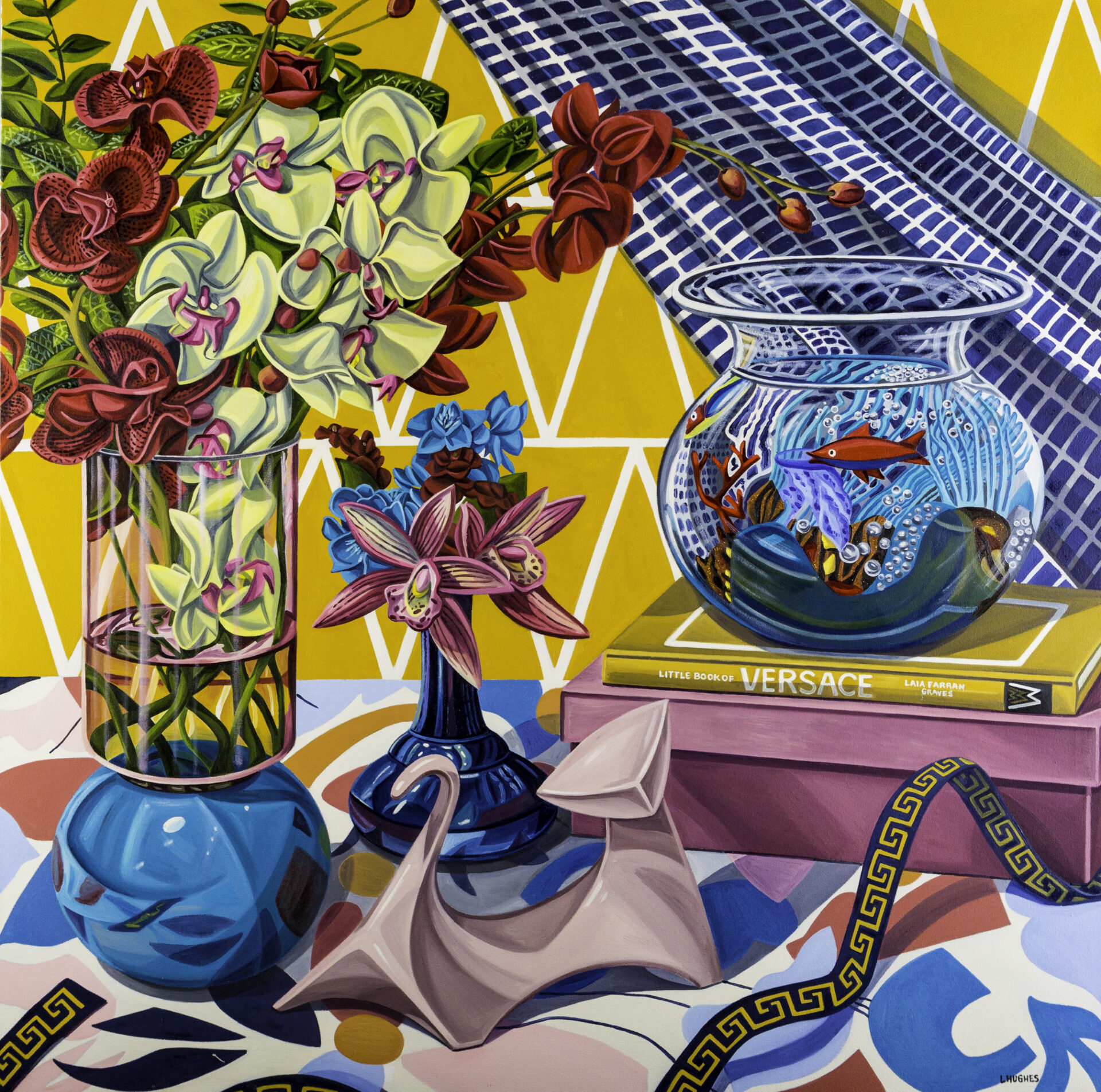 Cat, Fish bow and Versace is an original large scale still life oil painting from Boston Artist, Contemporary Realist Painter, Laura Hughes, featuring a composition of modern objects, floral arrangement, and Murano glass fish bowl